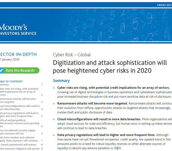 Moody’s: Cyber Risks for All Business Sectors and Governments Will Rise in 2020