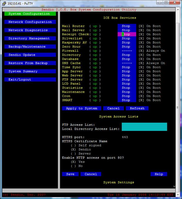 Sendio SSH admin screen