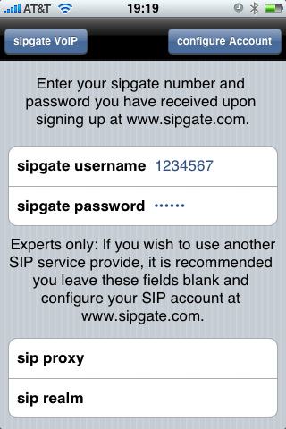 sipgate iPhone Configure SIP settings