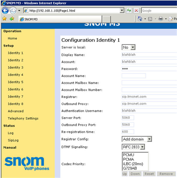 snom m3 configure identity